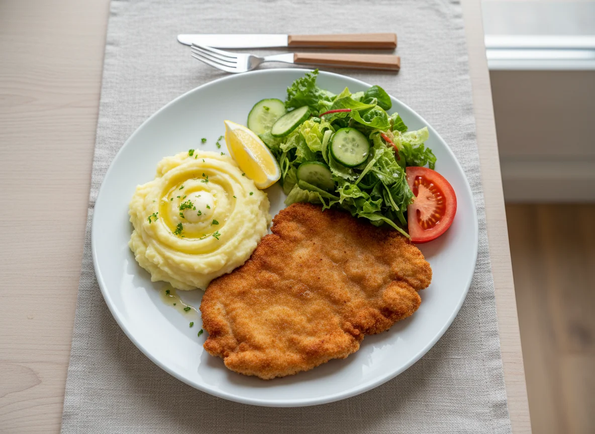 Schnitzel mit Kartoffelbrei und Salat photo