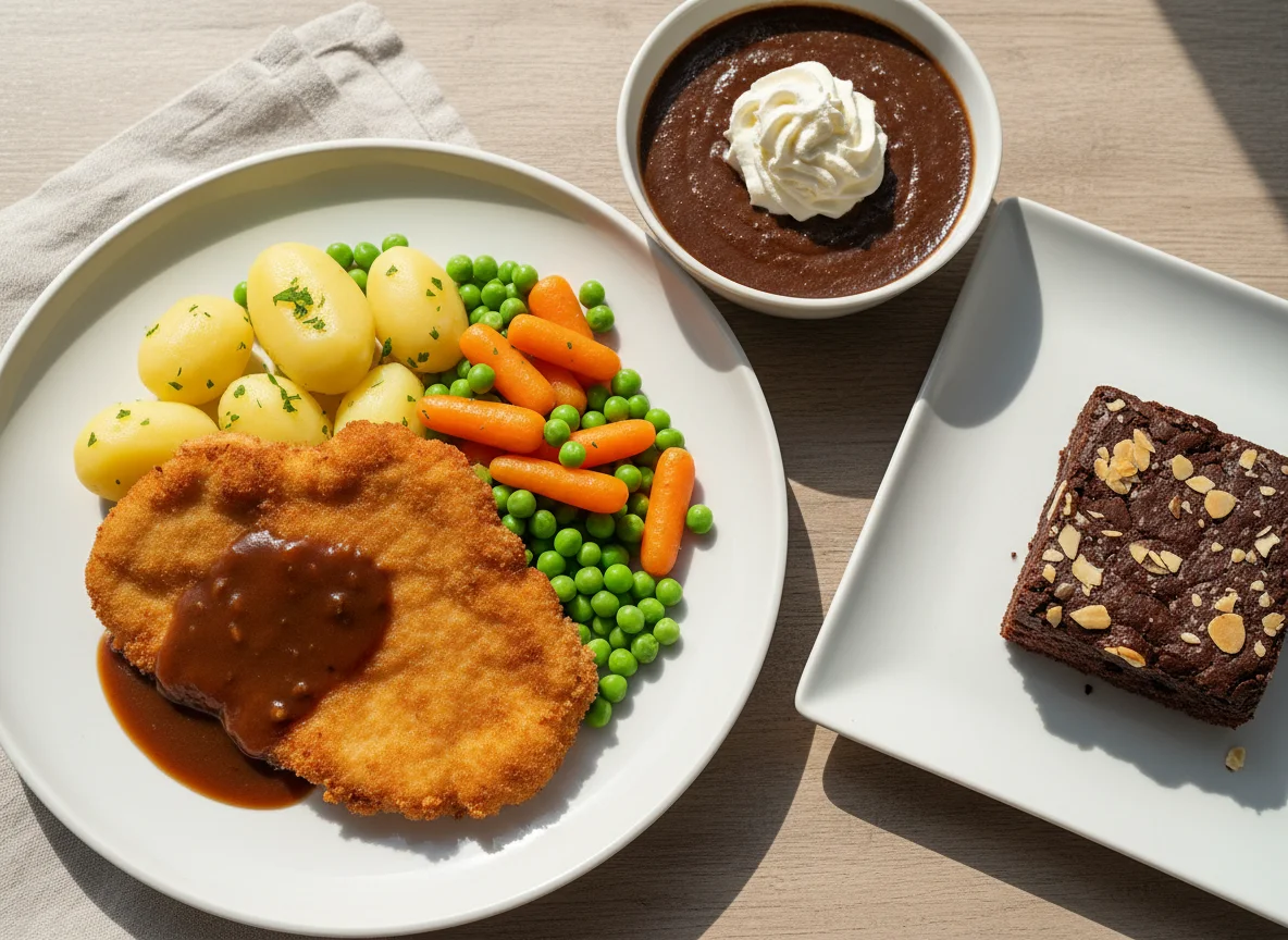 Schnitzel mit Kartoffeln, Erbsen und Karotten, Schokoladenpudding und Brownie photo