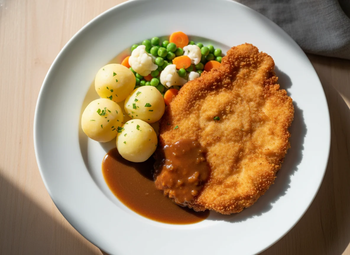 Schnitzel mit Kartoffeln, Gemüse und Soße photo
