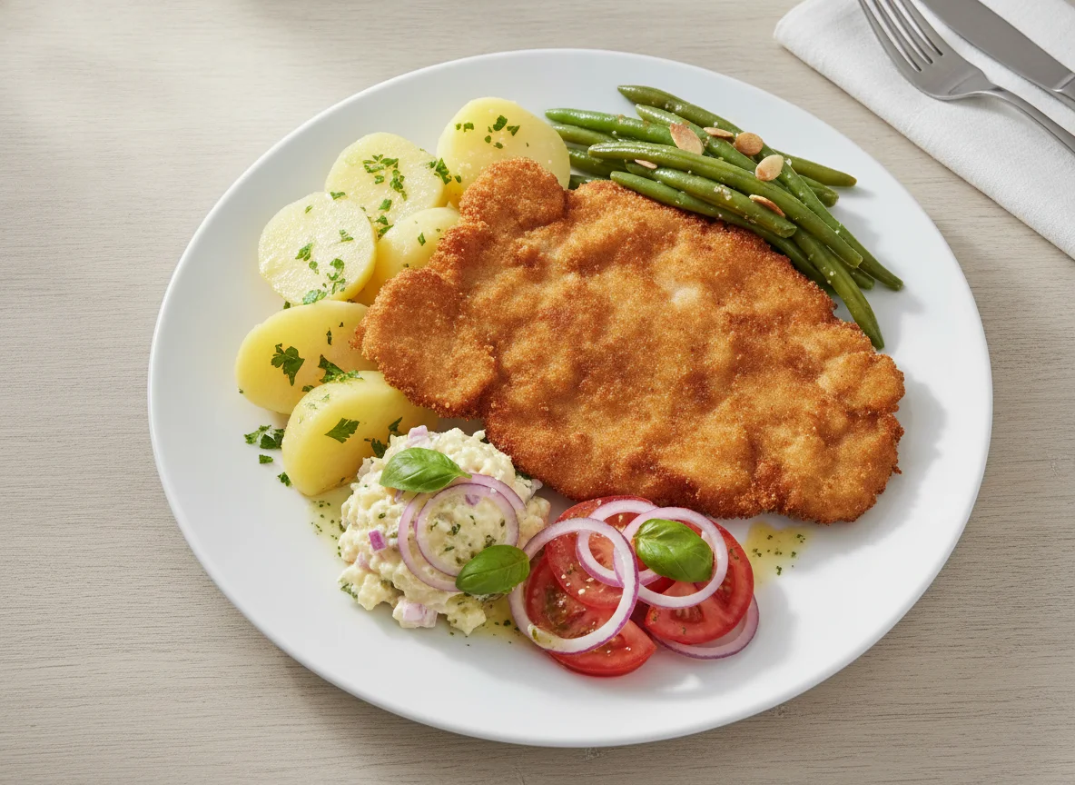Schnitzel mit Kartoffeln, grünen Bohnen und Salat photo