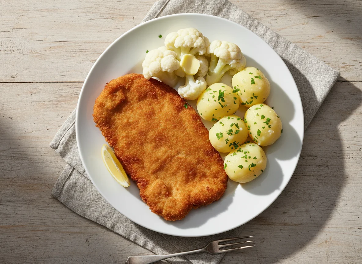 Schnitzel mit Kartoffeln und Blumenkohl photo