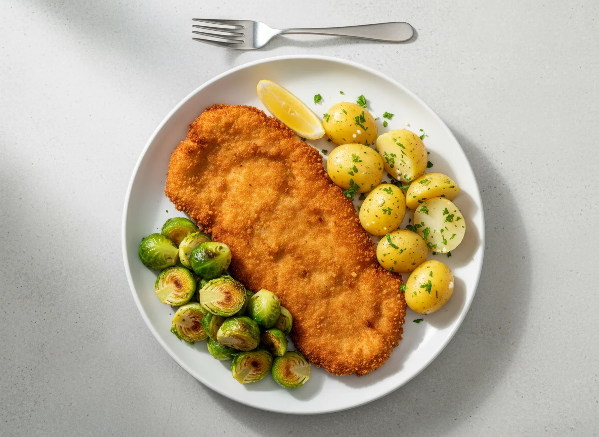 Schnitzel mit Kartoffeln und Rosenkohl photo