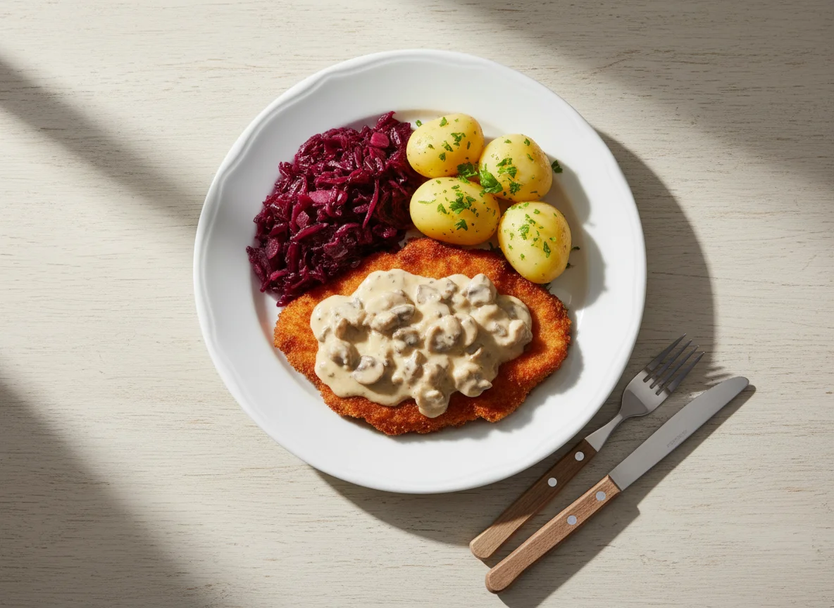Schnitzel mit Kartoffeln und Rotkohl photo