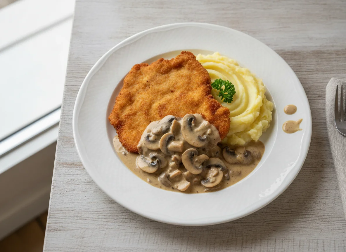 Schnitzel mit Kartoffelpüree und Pilzrahmsauce photo