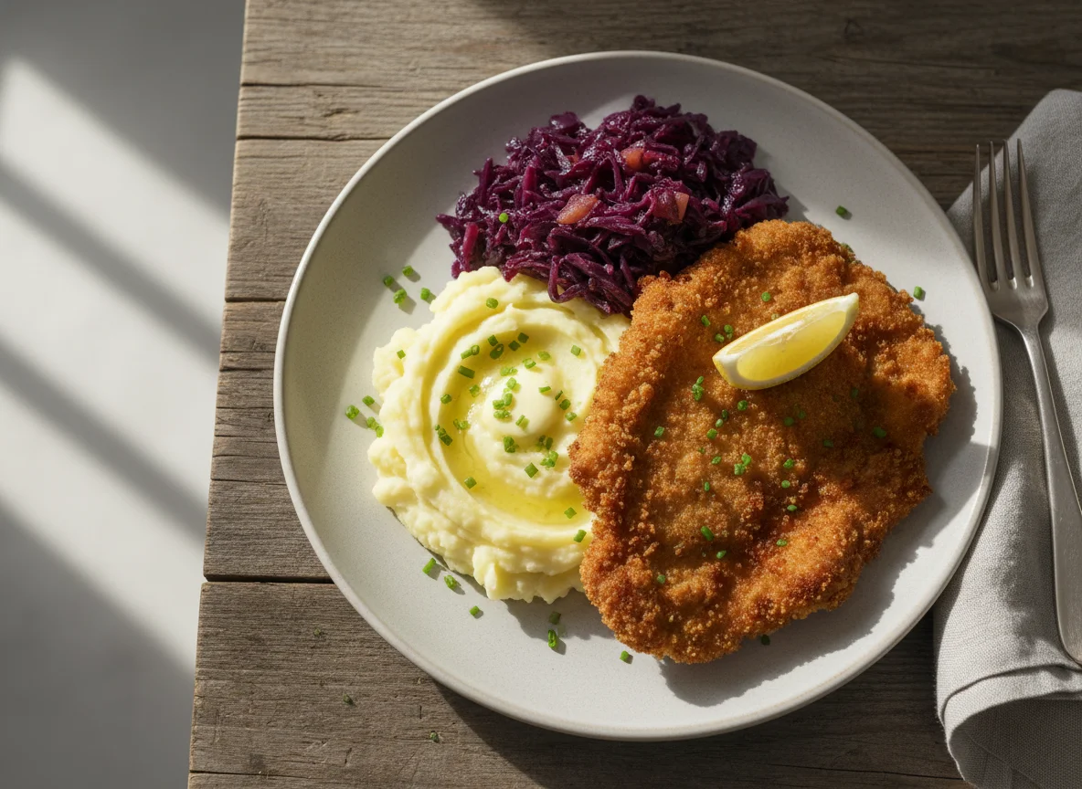 Schnitzel mit Kartoffelpüree und Rotkohl photo