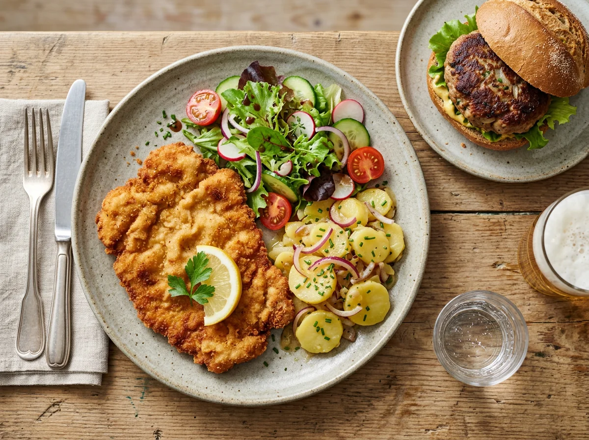 Schnitzel mit Kartoffelsalat und Beilagensalat, dazu ein Frikadellenbrötchen photo
