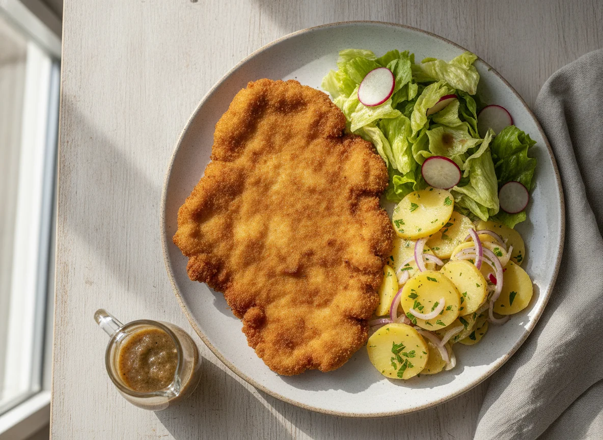 Schnitzel mit Kartoffelsalat und grünem Salat photo