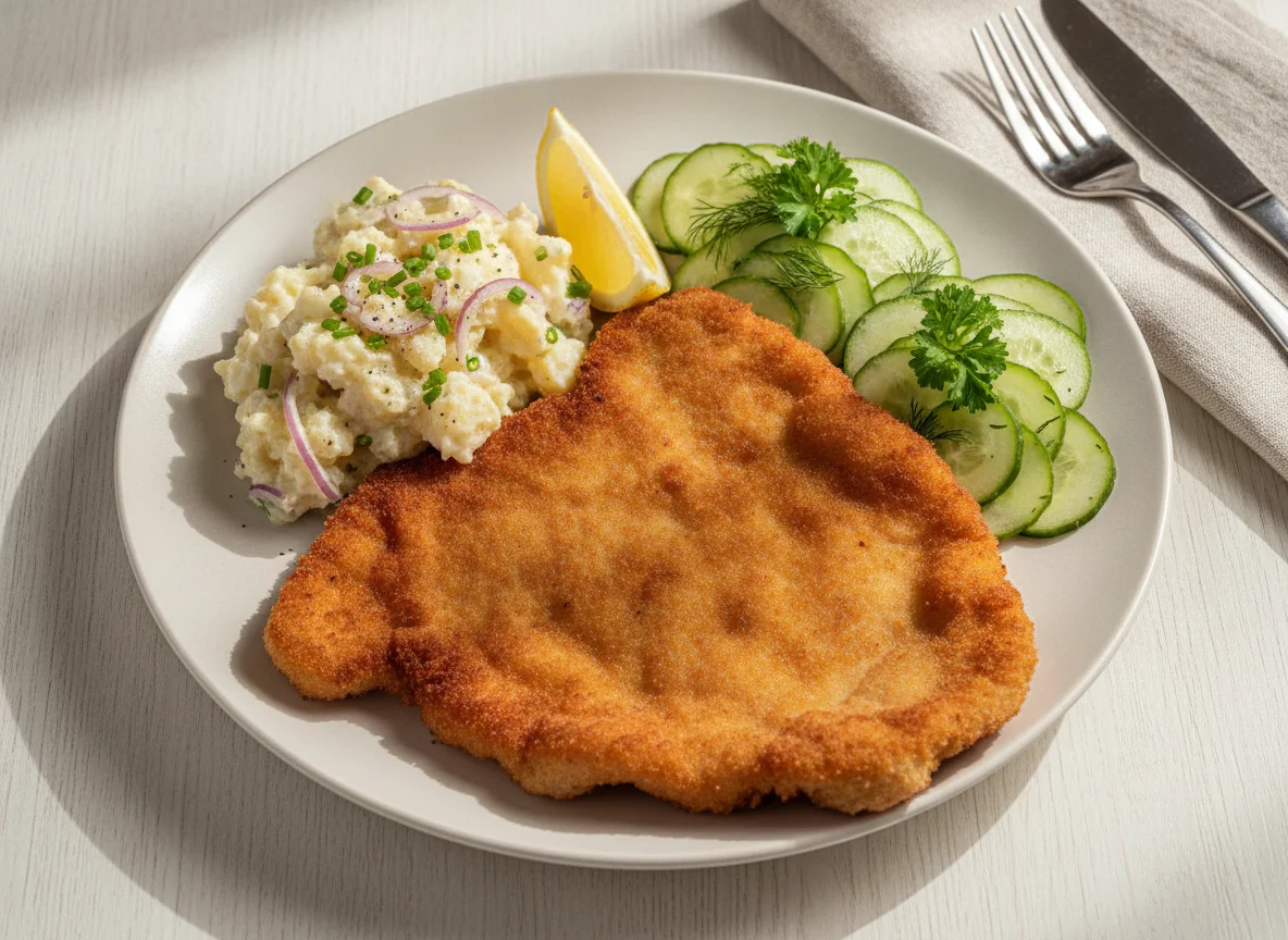 Schnitzel mit Kartoffelsalat und Gurkensalat photo