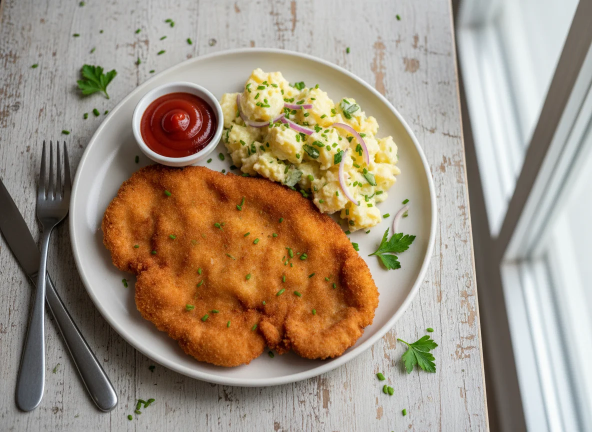 Schnitzel mit Kartoffelsalat und Ketchup photo