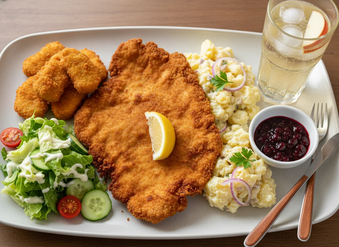 Schnitzel mit Kartoffelsalat und Preiselbeeren, dazu Chicken Nuggets und Salat photo