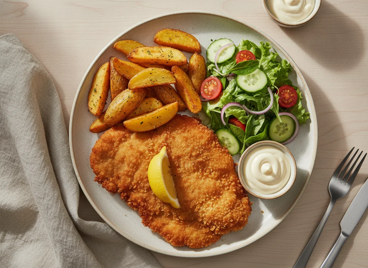 Schnitzel mit Kartoffelspalten und Beilagensalat photo