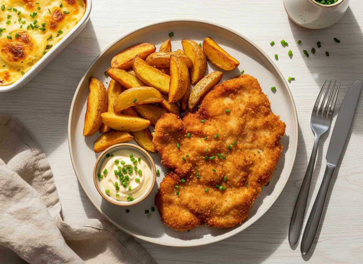 Schnitzel mit Kartoffelspalten und Dip photo