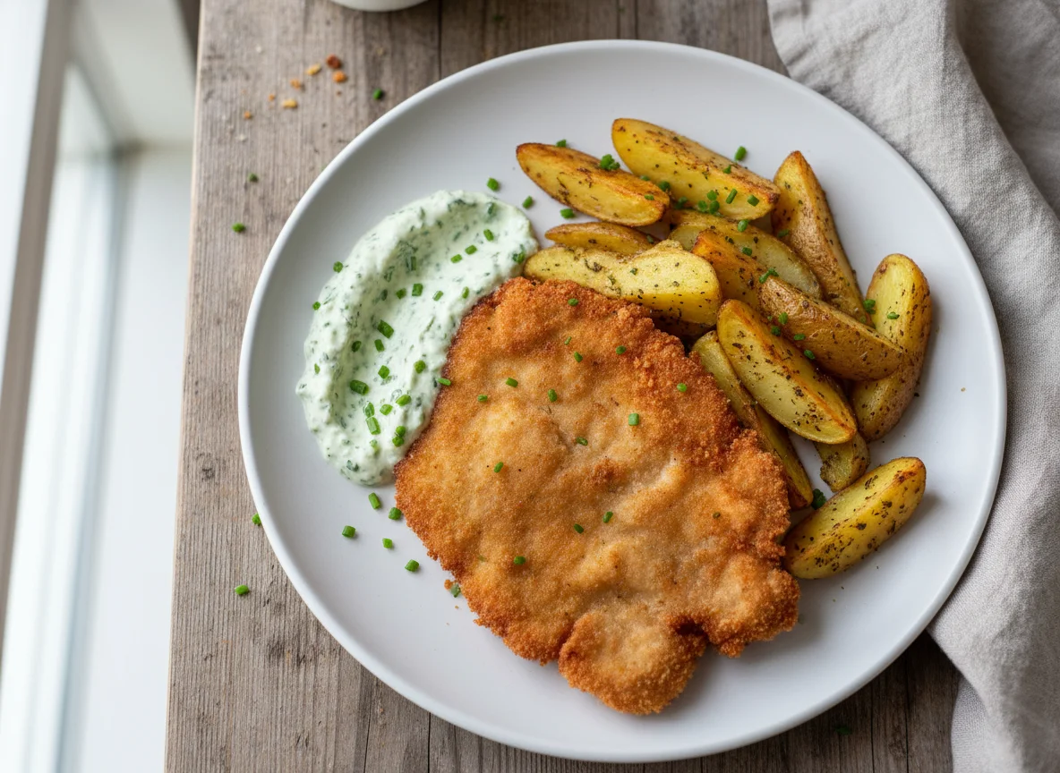 Schnitzel mit Kartoffelspalten und Kräutersauce photo
