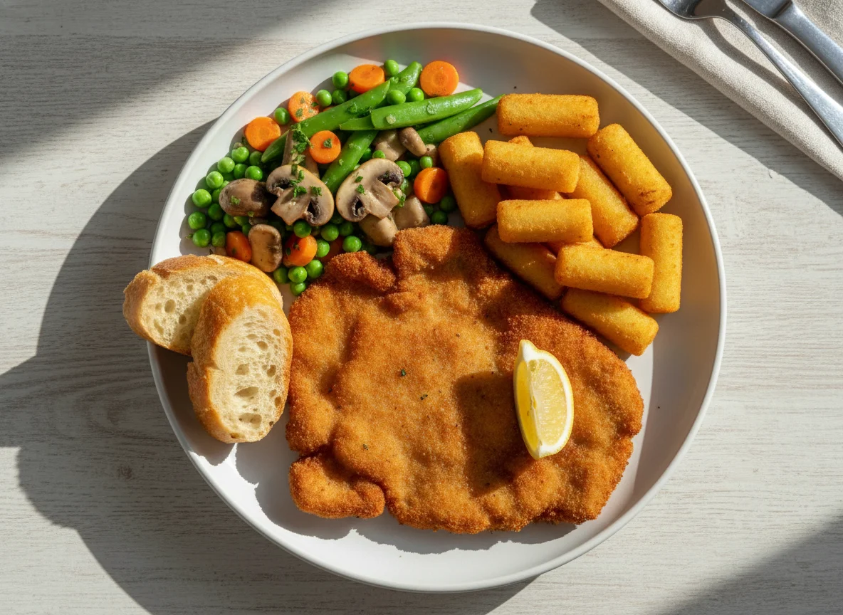 Schnitzel mit Kroketten, Gemüse und Pilzen photo