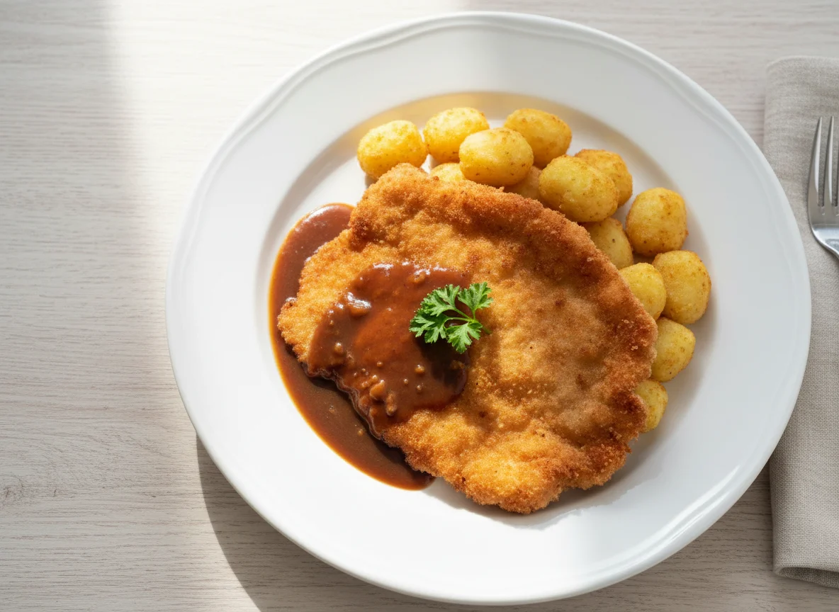 Schnitzel mit Kroketten und Bratensoße photo