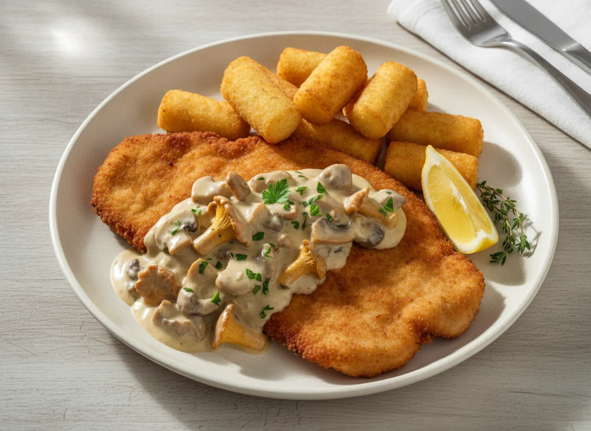 Schnitzel mit Kroketten und Pilzrahmsauce photo