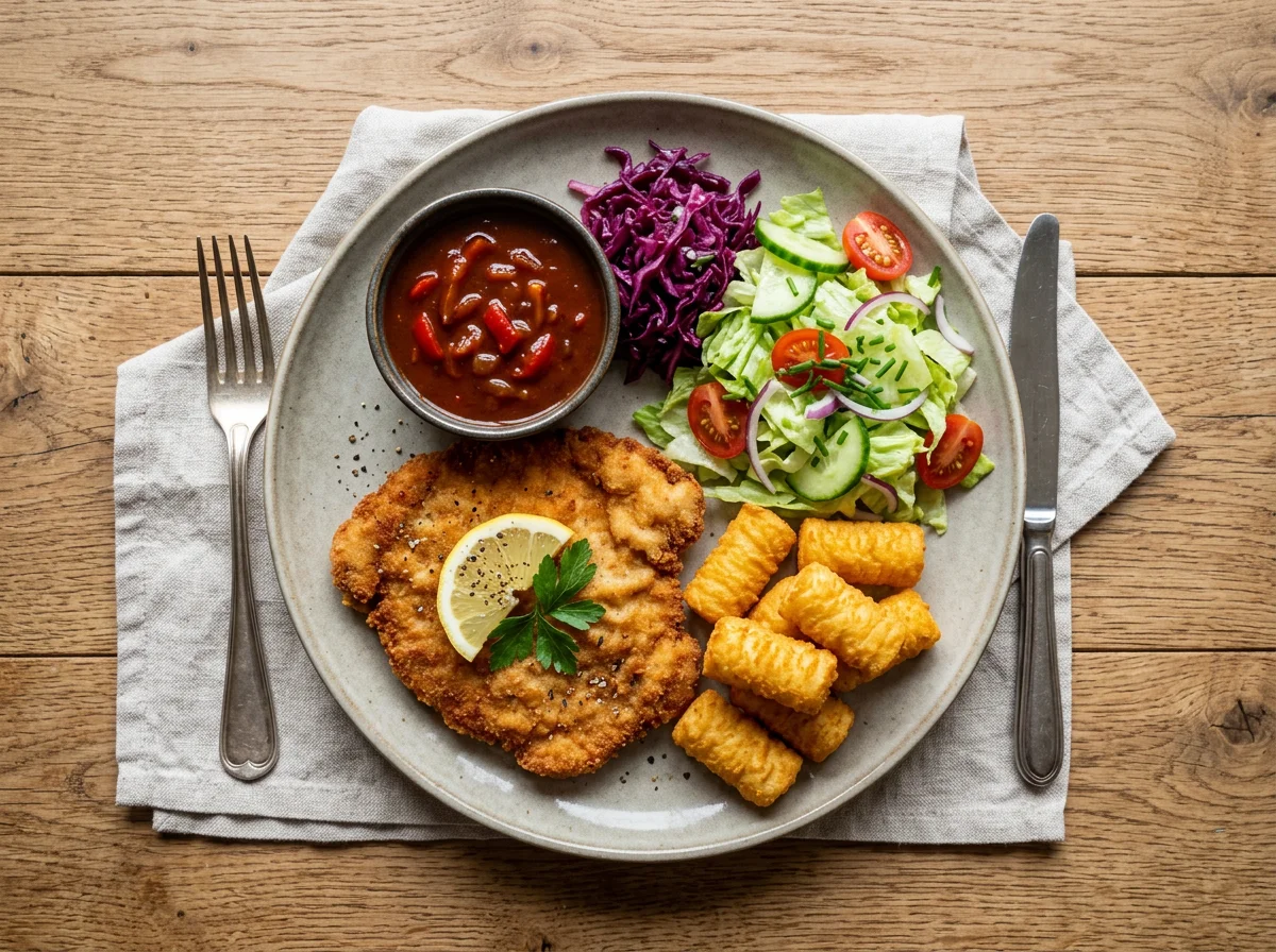 Schnitzel mit Kroketten und Salat photo