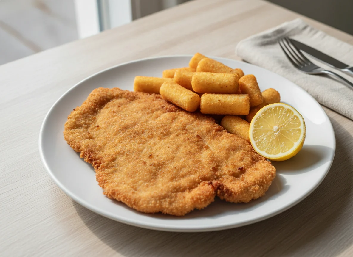 Schnitzel mit Kroketten und Zitrone photo