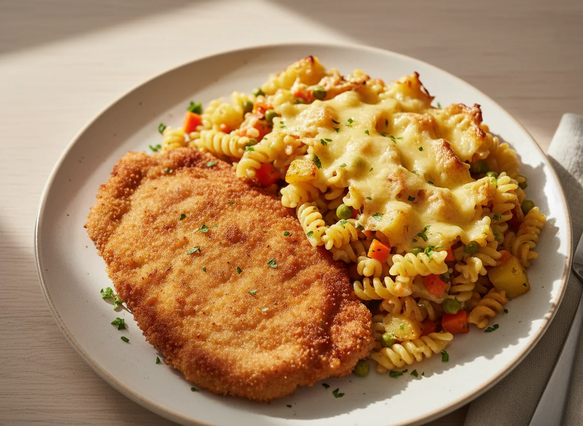 Schnitzel mit Nudelauflauf photo