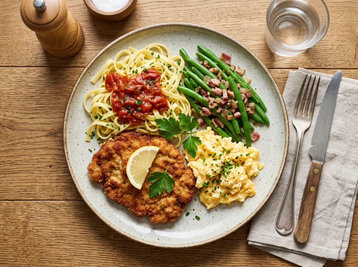 Schnitzel mit Nudeln, grünen Bohnen und Rührei photo