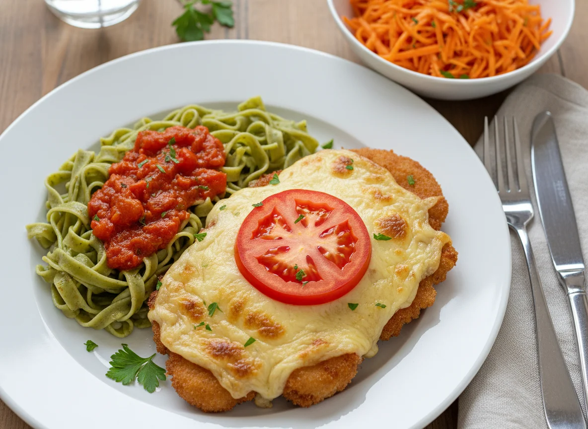 Schnitzel mit Nudeln und Karottensalat photo