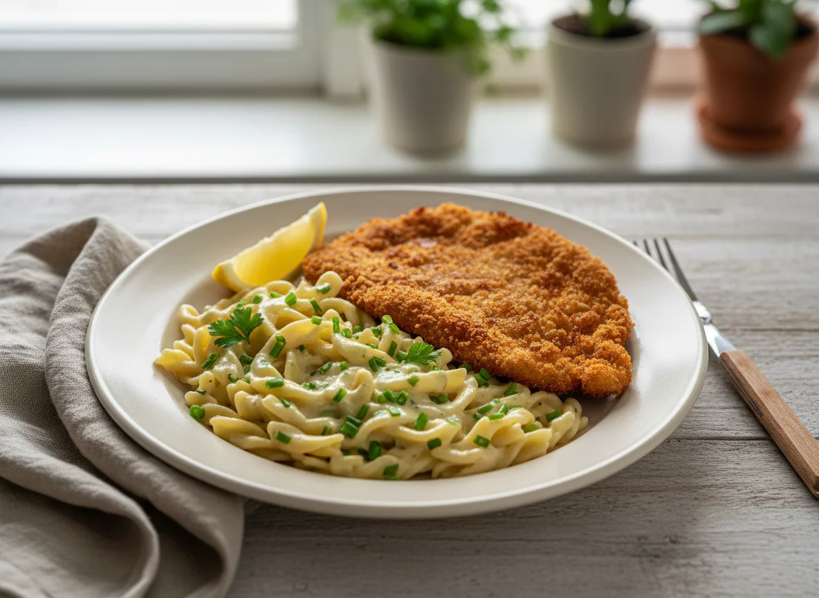 Schnitzel mit Nudeln und Rahmsauce photo