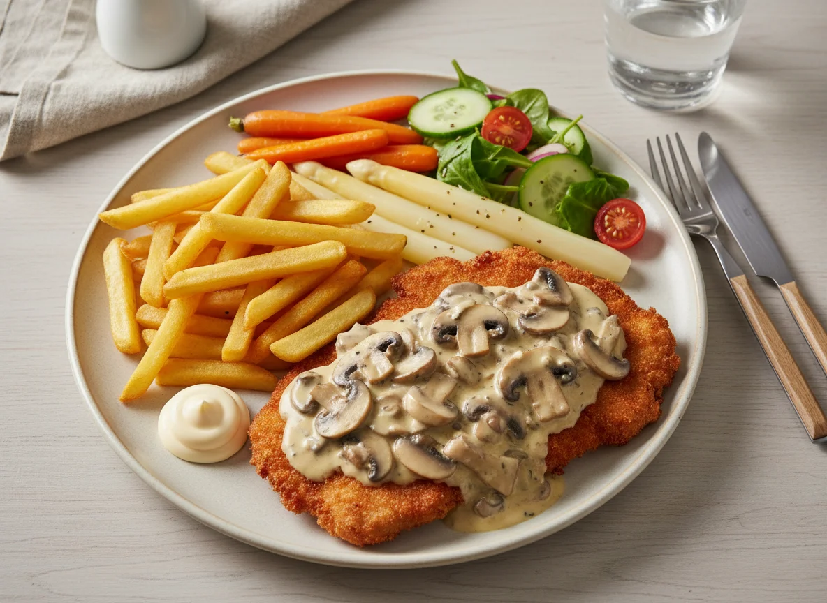 Schnitzel mit Pilzrahmsoße, Pommes und Beilagen photo
