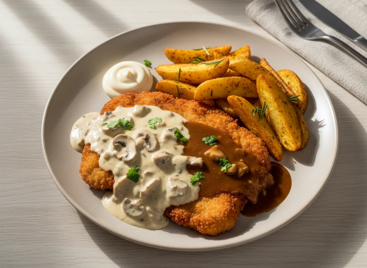 Schnitzel mit Pilzrahmsoße und Kartoffelspalten photo