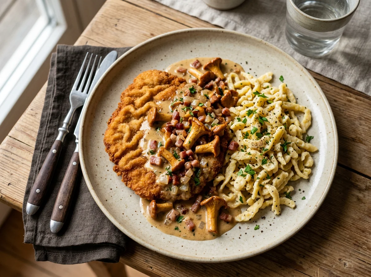 Schnitzel mit Pilzrahmsoße und Spätzle photo