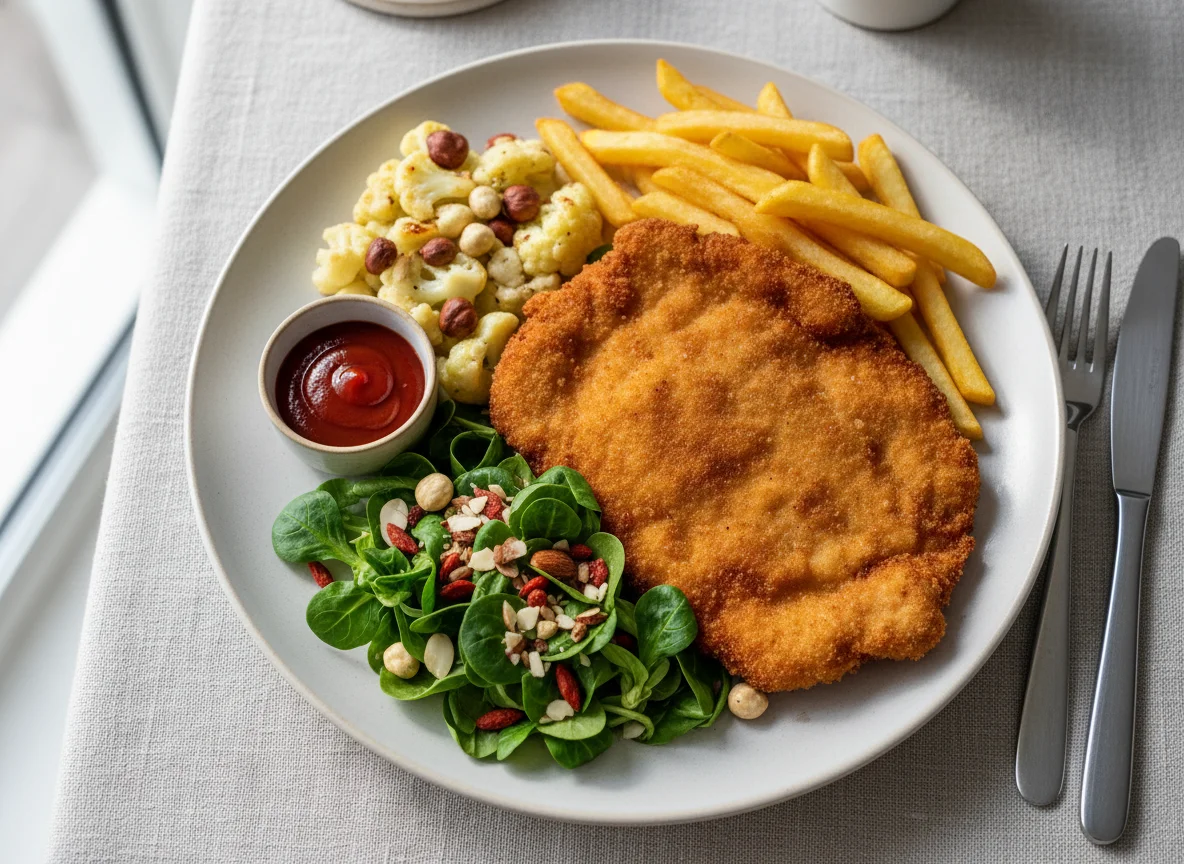 Schnitzel mit Pommes, Blumenkohl und Salat photo