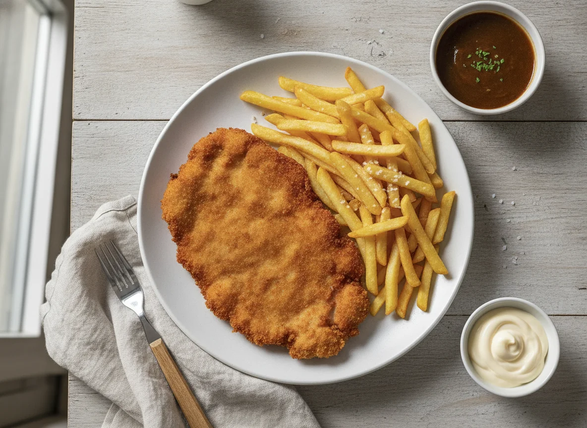 Schnitzel mit Pommes, Bratensoße und Mayonnaise photo