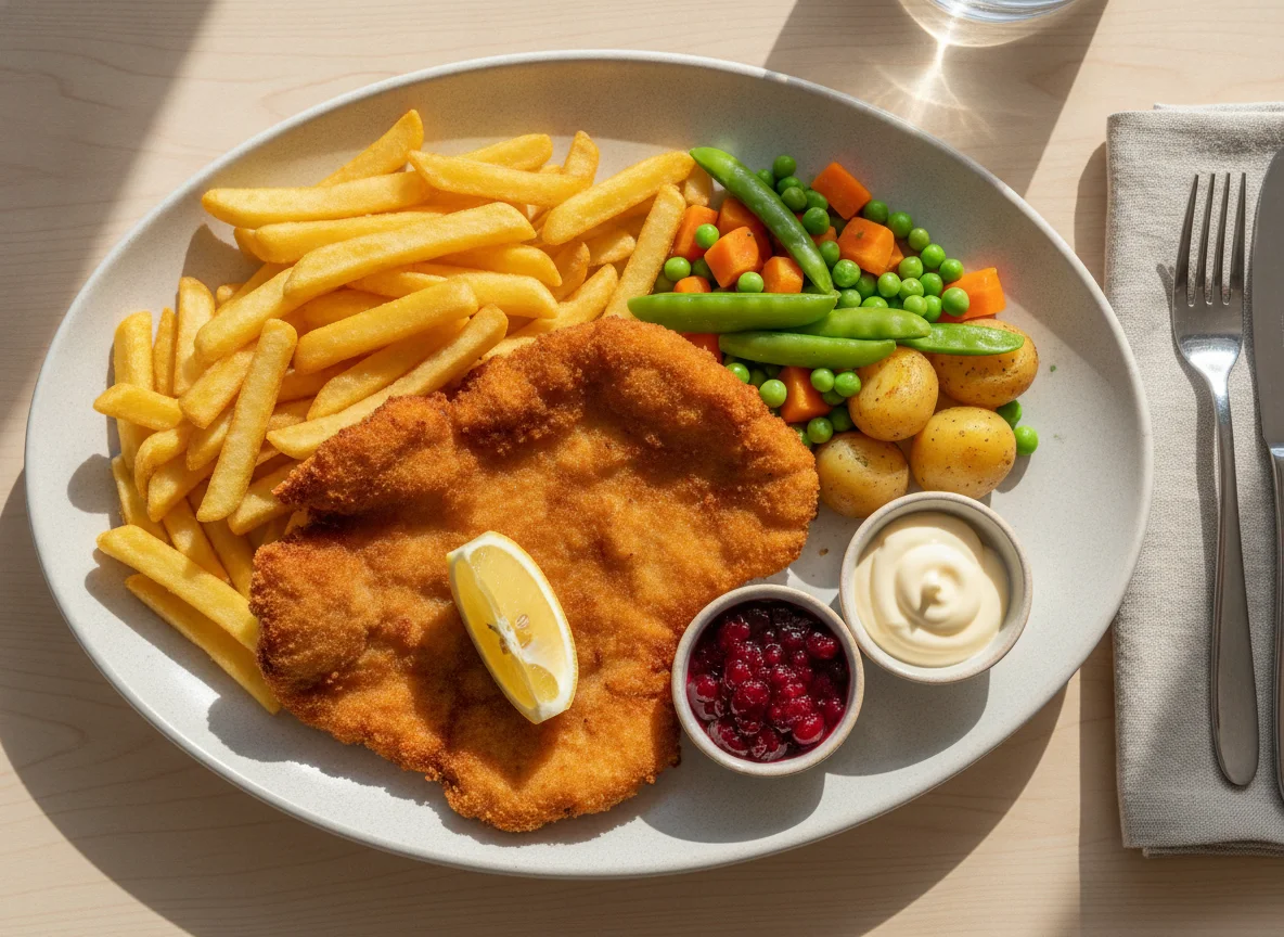 Schnitzel mit Pommes Frites, Gemüse und Preiselbeeren photo