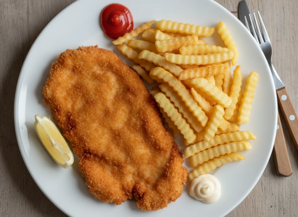 Schnitzel mit Pommes frites, Ketchup und Mayonnaise photo