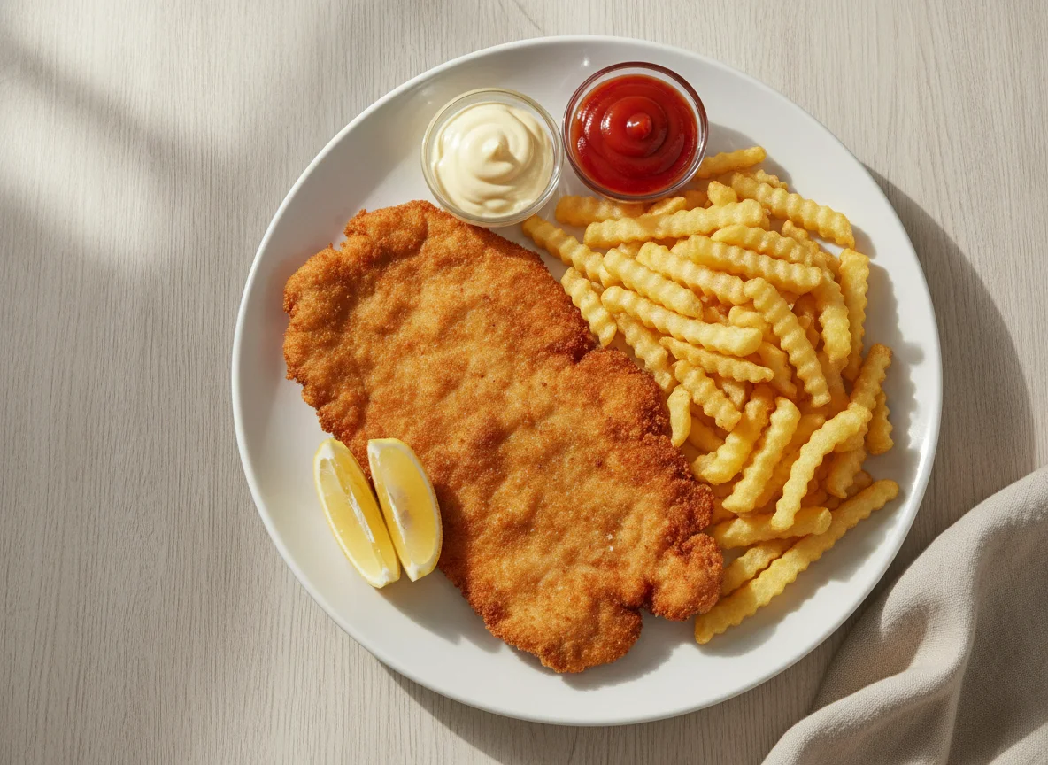 Schnitzel mit Pommes frites, Mayonnaise und Ketchup photo