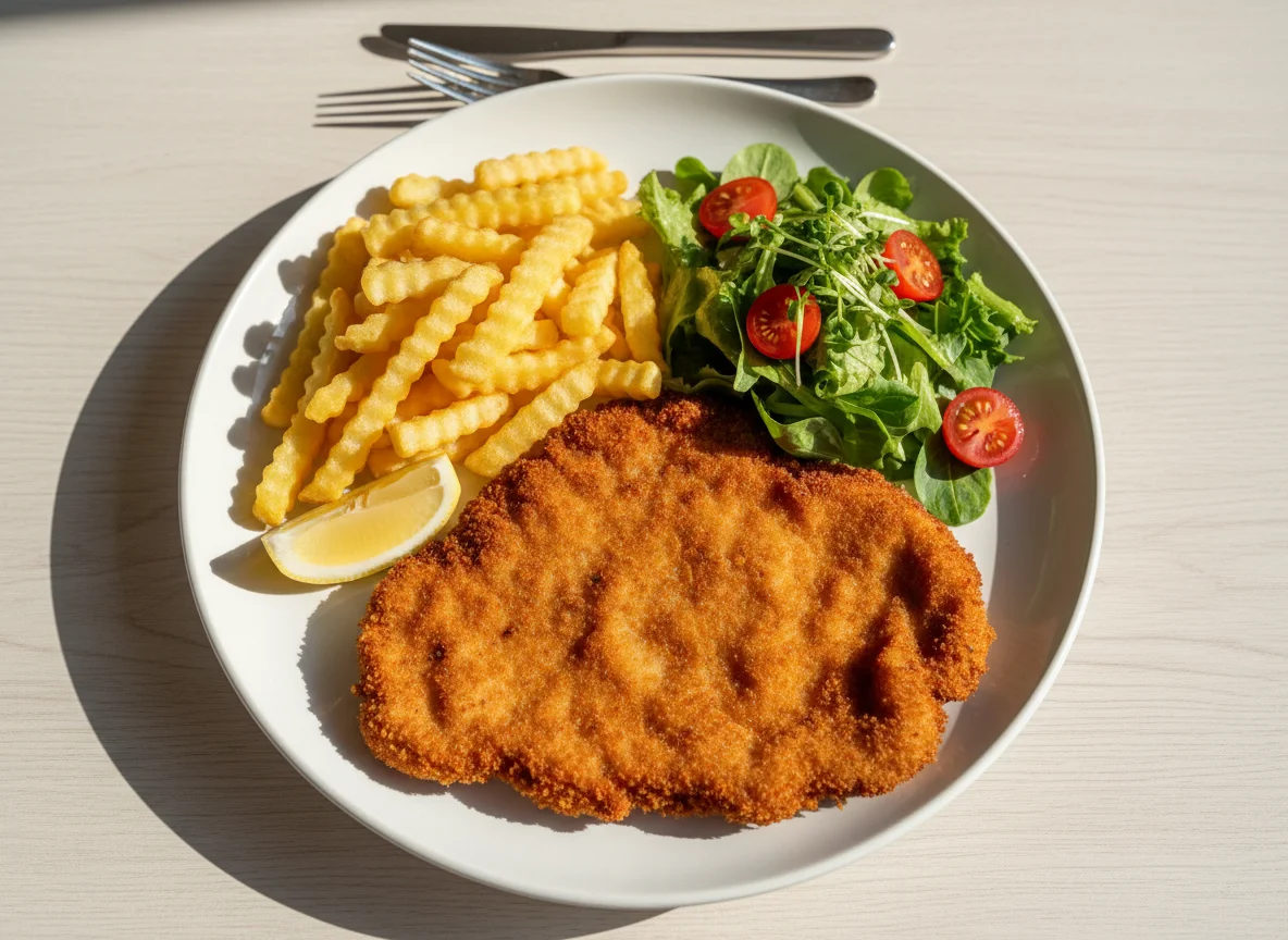 Schnitzel mit Pommes Frites und Beilagensalat photo