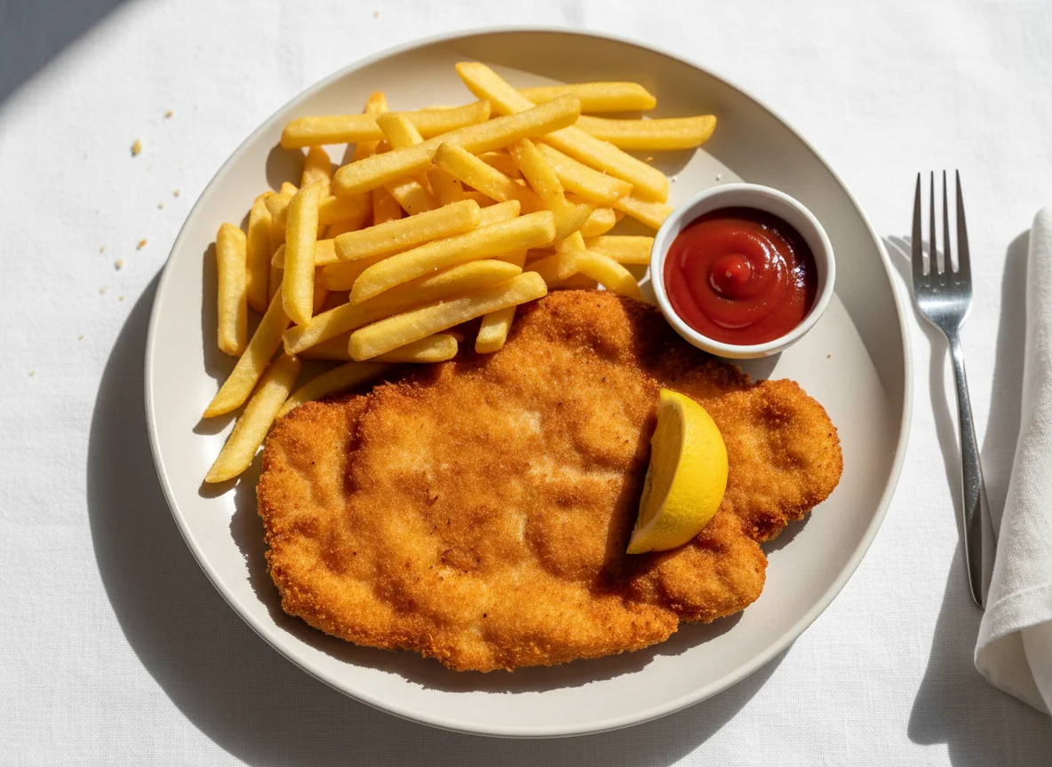 Schnitzel mit Pommes Frites und Ketchup photo