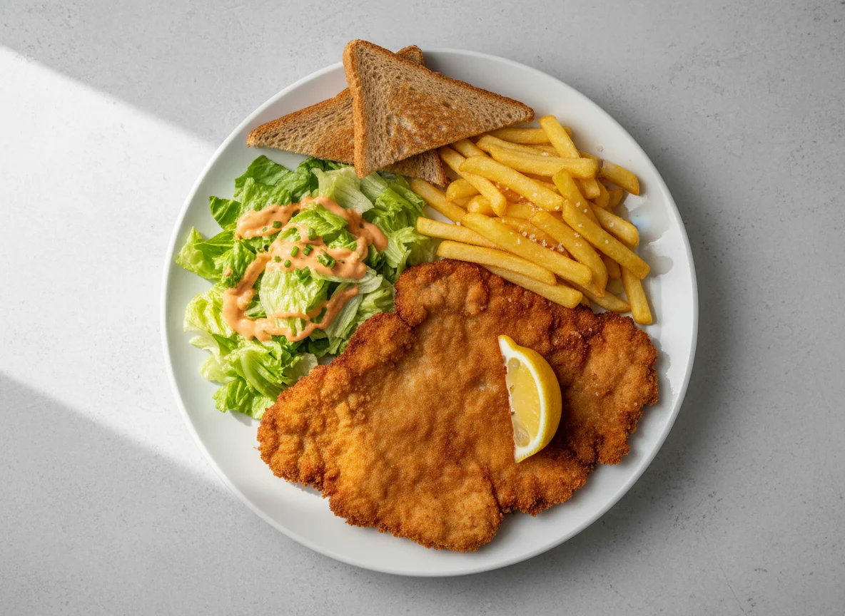 Schnitzel mit Pommes Frites und Salat photo