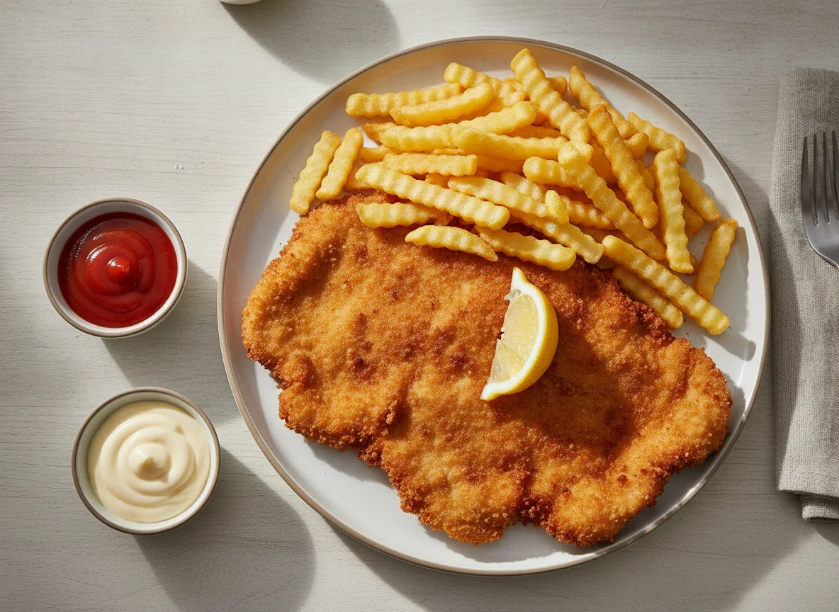 Schnitzel mit Pommes, Ketchup und Mayonnaise photo