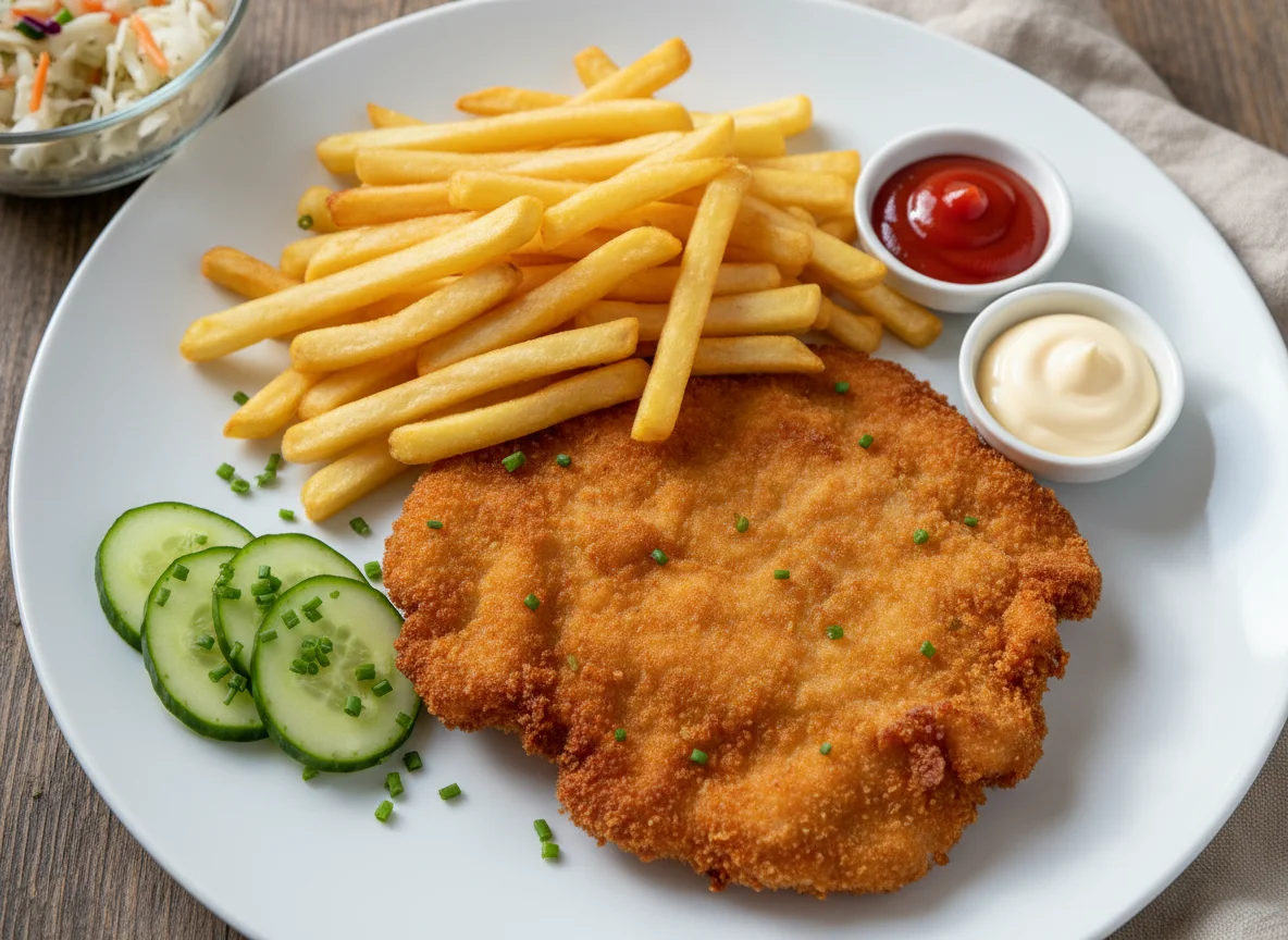 Schnitzel mit Pommes und Beilagen photo