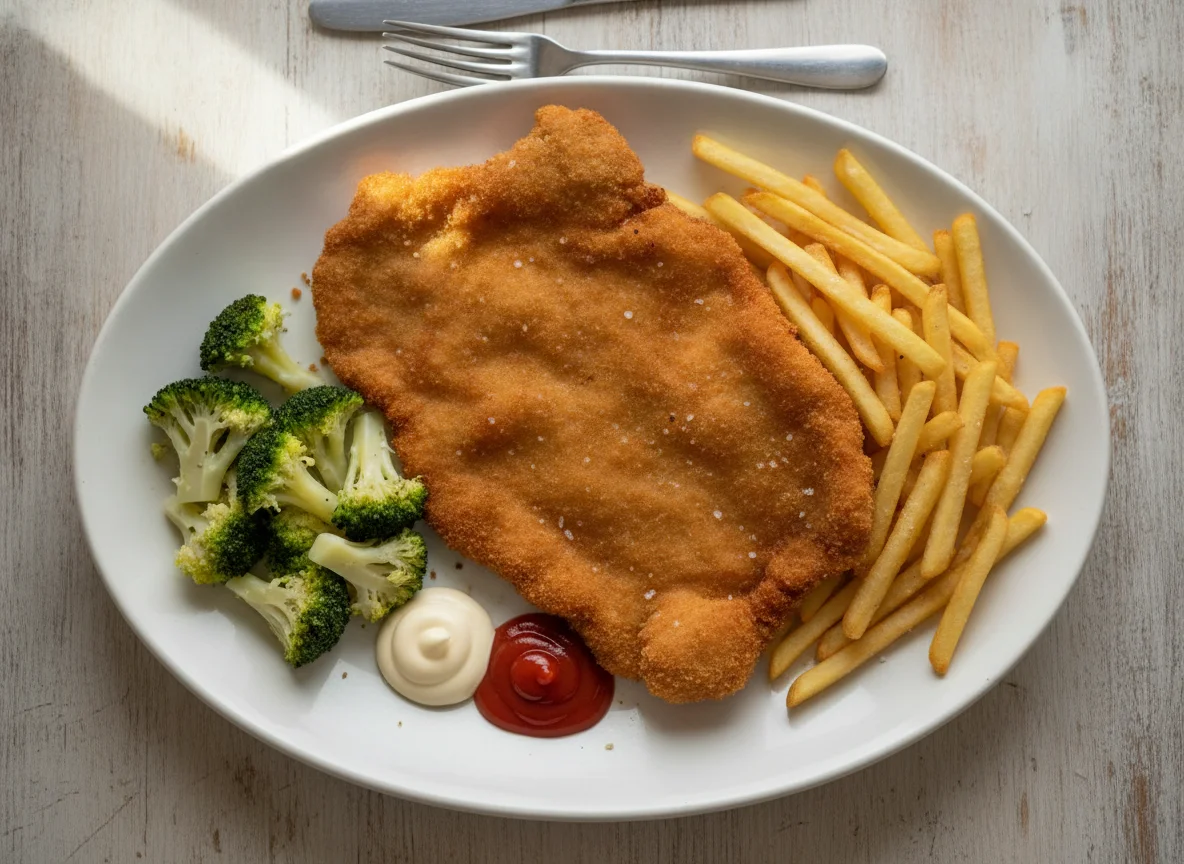 Schnitzel mit Pommes und Brokkoli photo