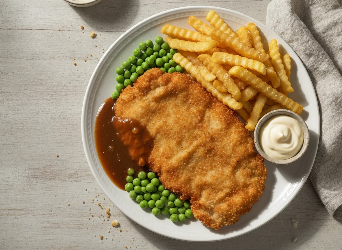 Schnitzel mit Pommes und Erbsen photo