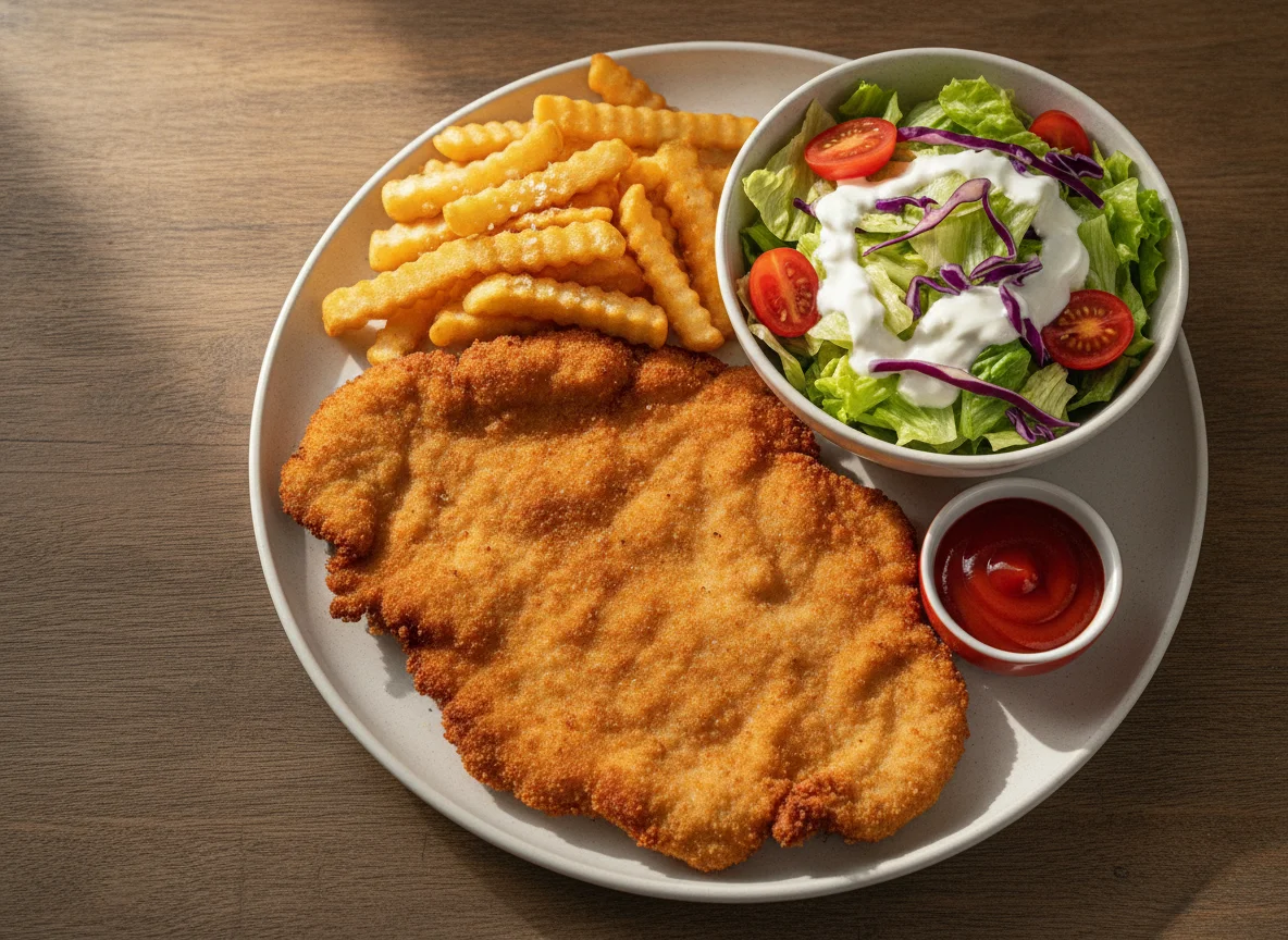 Schnitzel mit Pommes und gemischtem Salat photo