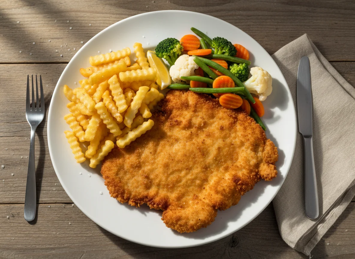 Schnitzel mit Pommes und Gemüse photo