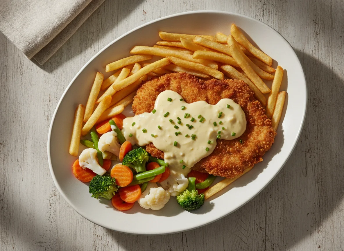 Schnitzel mit Pommes und Gemüse in Sauce Hollandaise photo