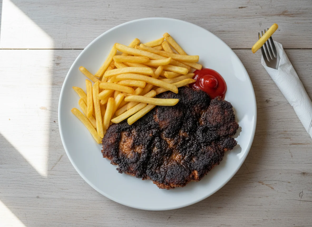 Schnitzel mit Pommes und Ketchup photo