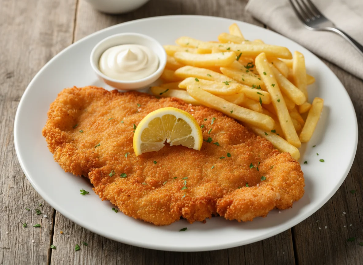 Schnitzel mit Pommes und Mayonnaise photo
