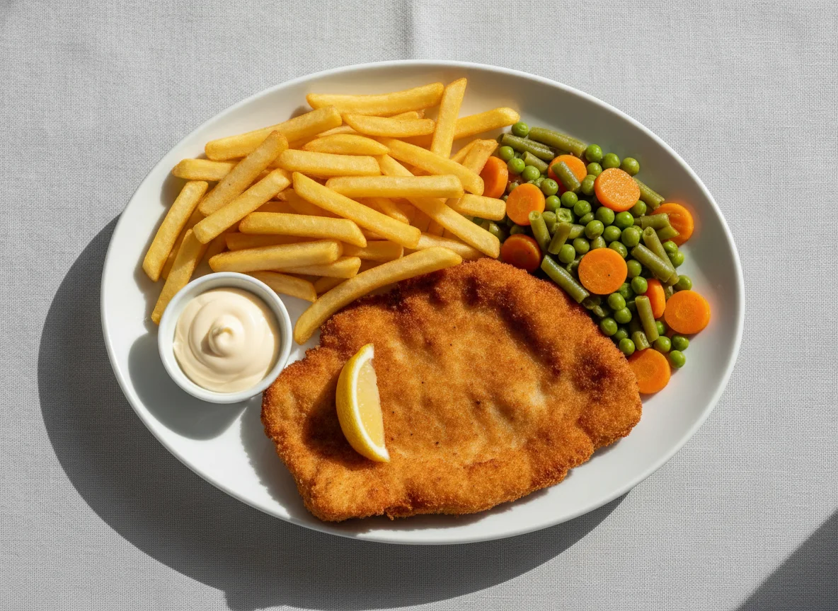 Schnitzel mit Pommes und Mischgemüse photo