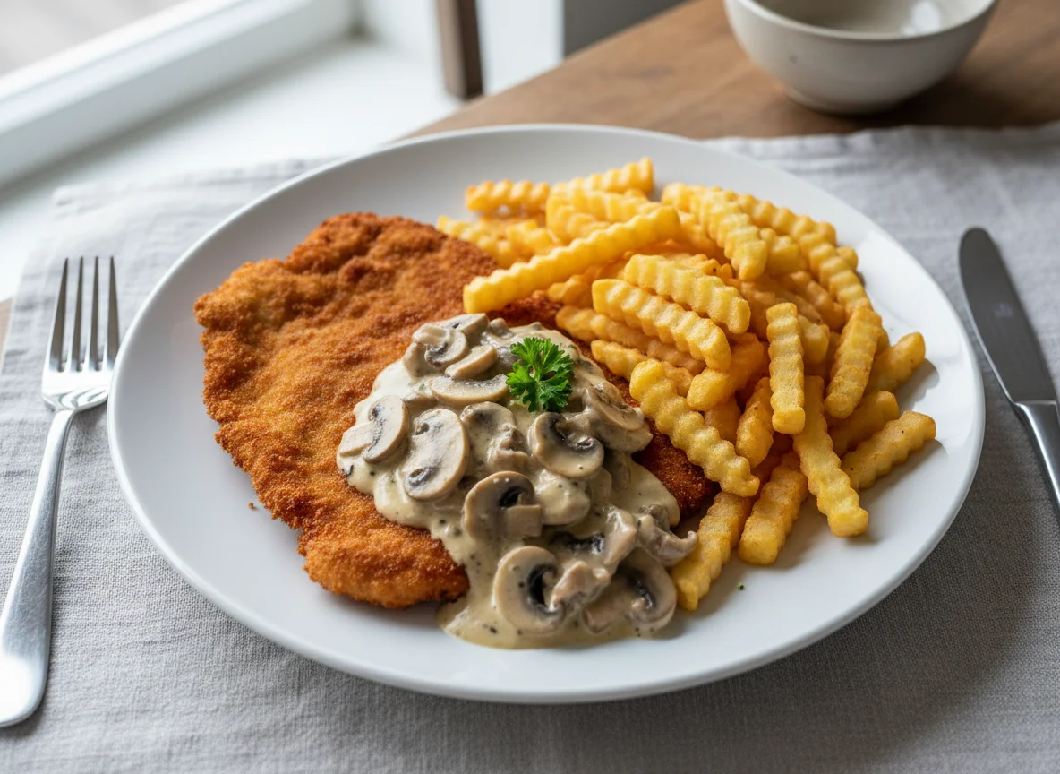 Schnitzel mit Pommes und Pilzrahmsoße photo