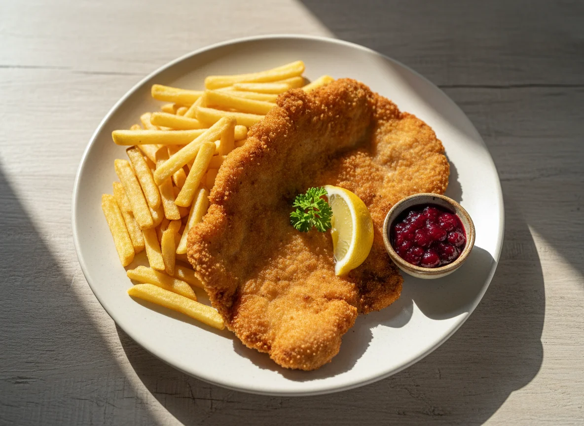 Schnitzel mit Pommes und Preiselbeeren photo