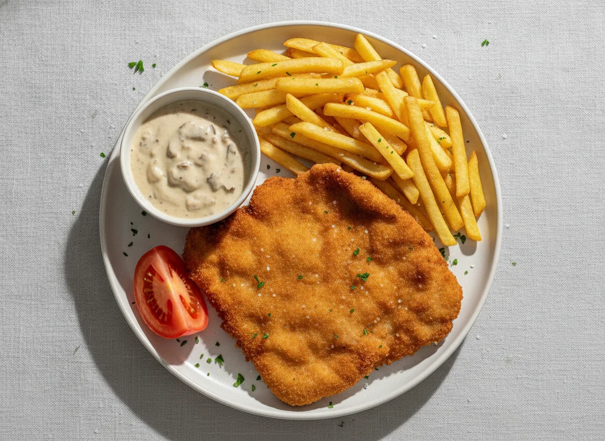 Schnitzel mit Pommes und Rahmsauce photo
